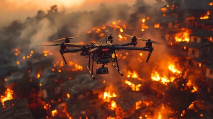 A drone hovers above a city engulfed in flames at sunset, highlighting the chaos of fires consuming buildings and streets below. Smoke billows into the sky.