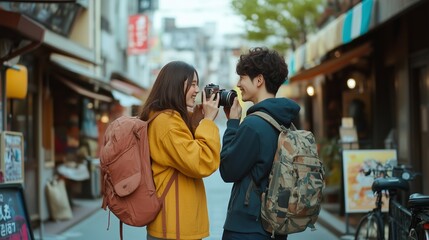 A young couple captures memories while exploring a vibrant street market in Japan, sharing laughter and creativity on a sunny afternoon