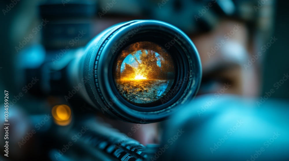 Poster a soldier focuses intently through a rifle scope, capturing a glimpse of a distant explosion. the tw