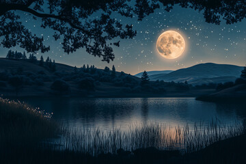 A night scene a radiant super moon lighting up the sky over a peaceful landscape. The moon's soft glow highlights rolling hills, a calm lake, and tall trees, creating a magical, reflective atmosphere.