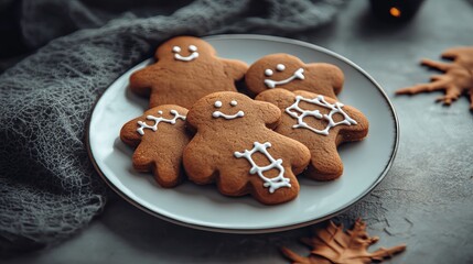 Fototapeta premium Gingerbread cookies for Halloween set on a white dish on a stone backdrop. Vibrant, handmade cookies for a Halloween celebration.