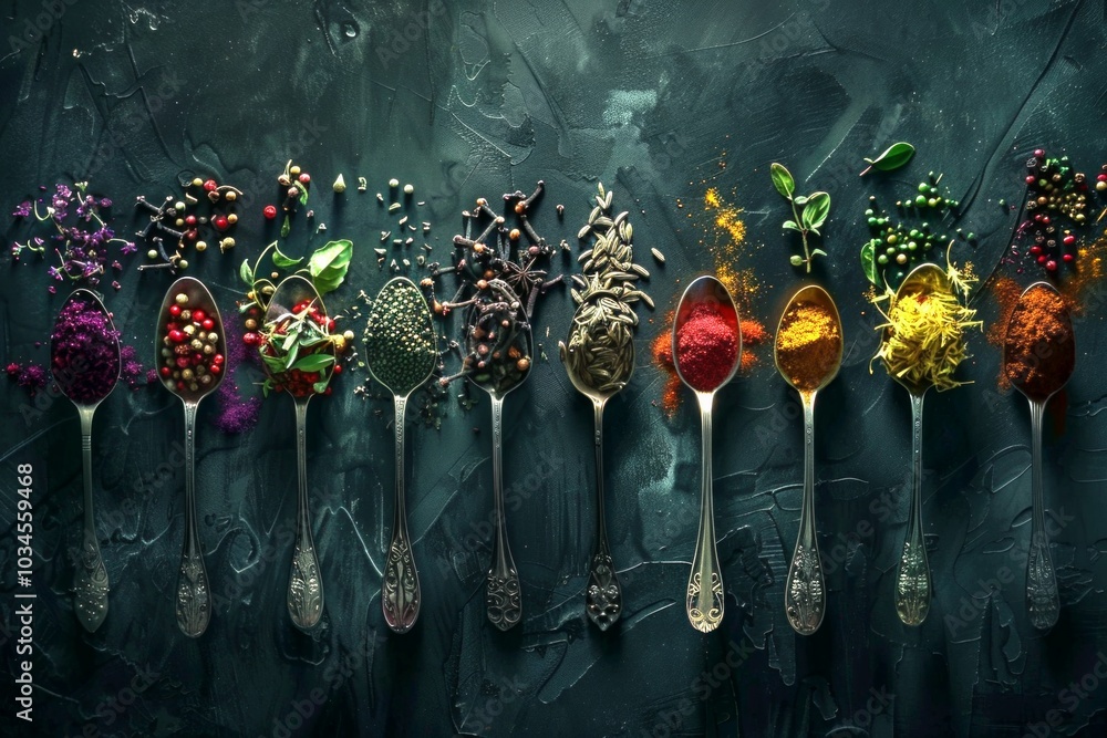 Aufkleber a vibrant array of spices displayed in elegant silver spoons. each spoon holds a unique blend of col