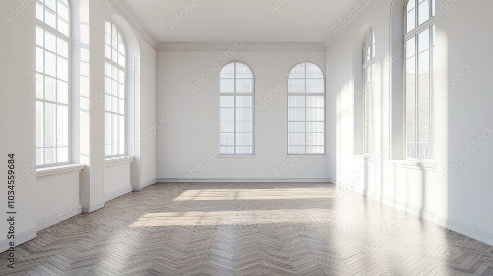 Poster bright and spacious empty room with large windows