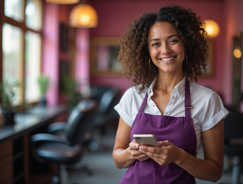 Retrato de cabeleireira profissional olhando para a c&acirc;mera e sorrindo e usando o celular
