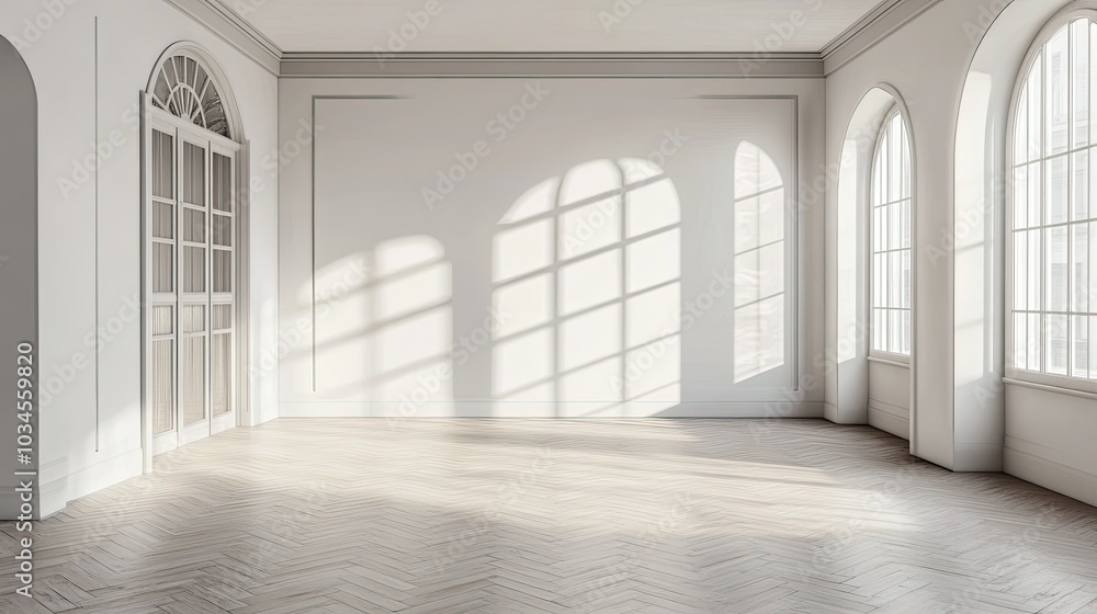 Poster bright and spacious empty room with large windows