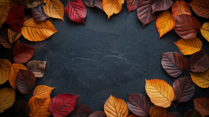 Autumn leaves on dark textured background, thanksgiving holiday decoration, rustic fall seasonal design with colorful foliage and copy space, perfect for festive invitations or announcements