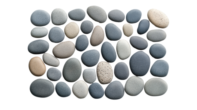 Assorted smooth pebbles on a transparent background