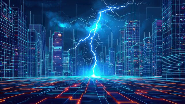 In a high-tech metropolis, a lightning rod on a skyscraper draws a powerful strike, illuminating electric lines in a sleek cityscape. 