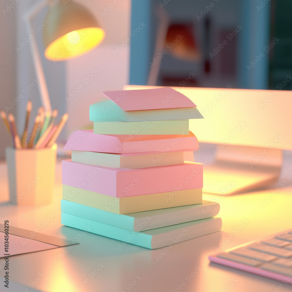 Poster a colorful stack of sticky notes sits on a desk, illuminated by a warm lamp, creating a cozy study o
