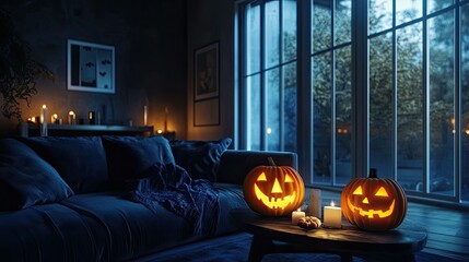 Fototapeta premium Cozy Halloween Ambiance with Jack-o'-Lanterns