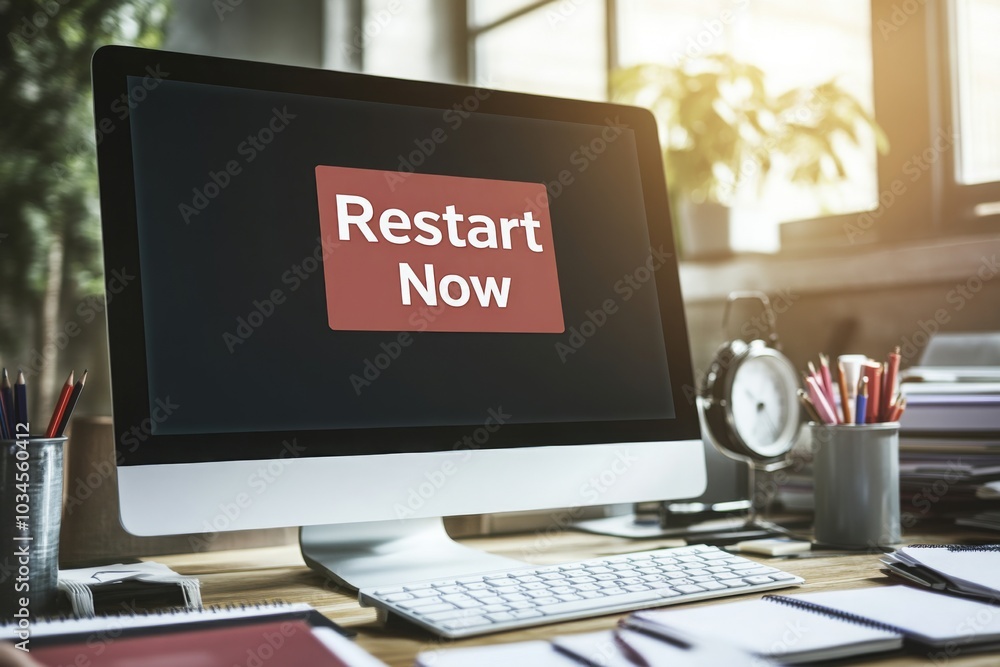 Poster office computer with restart alert on screen in modern workspace