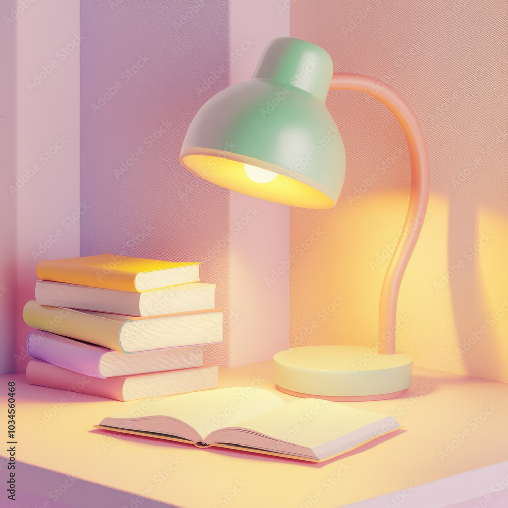 Poster a colorful desk lamp shines on an open book next to a stack of neatly arranged books, creating a coz