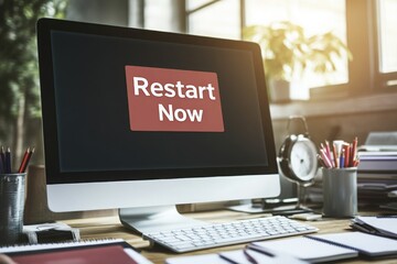 Fototapeta premium Office Computer With Restart Alert on Screen in Modern Workspace