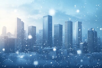 Stunning winter skyline of a snow covered city with towering skyscrapers glistening in the cold