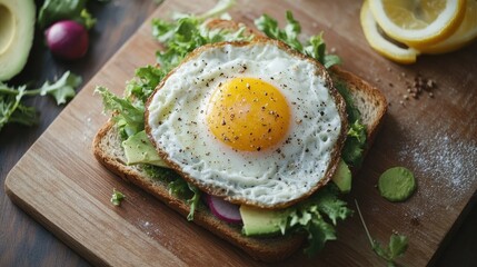 Fresh Egg on Toast with Greens and Lemon Slices