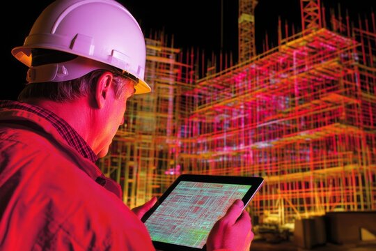Construction Worker Analyzing Digital Plans at Night Site with Tablet