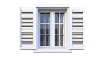Fototapeta premium White wooden window with shutters, isolated background. transparent background