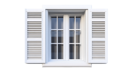 White wooden window with shutters, isolated background. transparent background