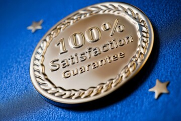 Golden Satisfaction Guarantee Emblem with Stars on Blue Background