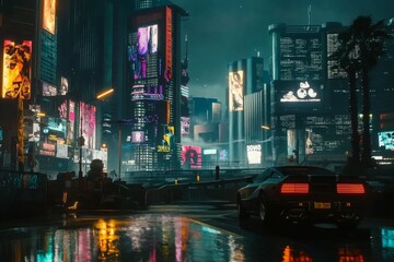 Futuristic Neon-Lit Cityscape with Sleek Car and Billboards
