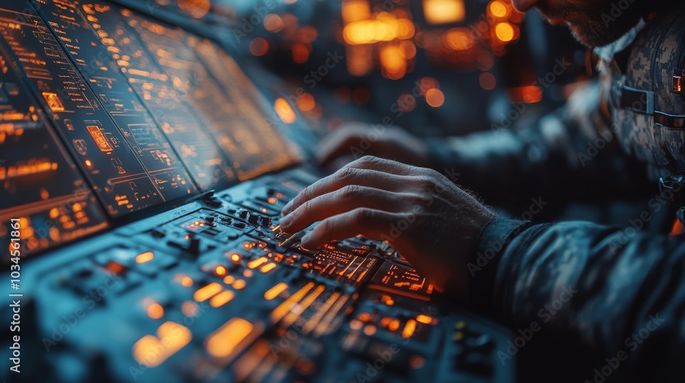 Poster a military pilot meticulously adjusts controls and monitors instruments illuminated by orange lights
