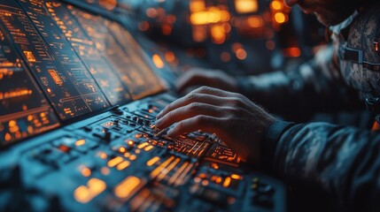 A military pilot meticulously adjusts controls and monitors instruments illuminated by orange lights while flying during a nighttime mission.