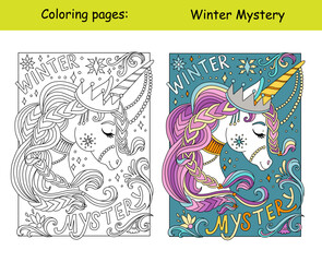 Kids coloring and color sample unicorn in a Christmas wreath
