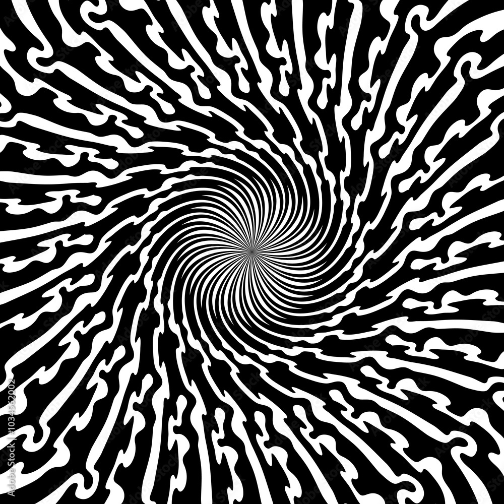 Poster Psychedelic hypnotic spiral pattern, hypnosis swirl. Vector dynamic black and white vortex, illusion of movement and depth with mesmerizing and dizzying effect. Psychedelic abstract twirl background
