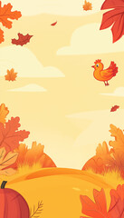 Cartoon turkey in an autumn landscape with falling leaves, thanksgiving holiday character, festive fall background with copy space for seasonal cards or design templates