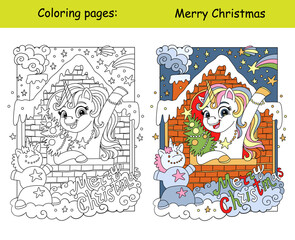 Kids coloring and color sample cute unicorn in a cozy house vector