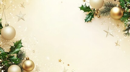 A cream background with gold ornaments, holly, and pine needles, with a few small white stars scattered throughout.