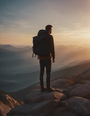 Fototapeta premium Silhouette of man with backpack on rocky mountain peak, watching sunset, back view.