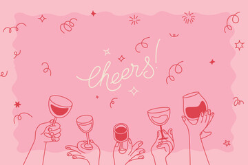 Vector simple minimal linear style illustration with cartoon hands holding wine glasses, celebration and party vibe, invitation design element, banner, template