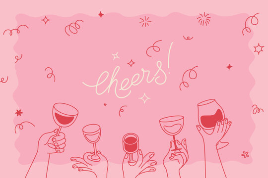 Vector simple minimal linear style illustration with cartoon hands holding wine glasses, celebration and party vibe, invitation design element, banner, template