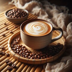 A warm coffee cup with roasted coffee beans artfully placed on a bamboo mat
