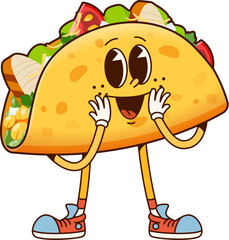 Groovy fast food tacos character. Cartoon vector funny tex mex fastfood personage. Mexican meal filled with lettuce, chicken and vegetables. Snack with happy funky face, takeaway dish for kids menu