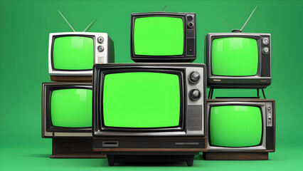 Pile of retro tvs with green screen turning on and off