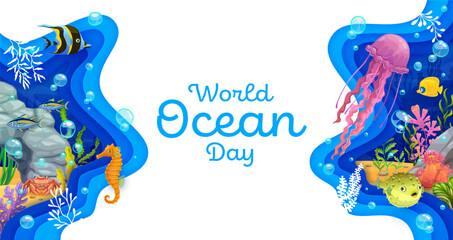 World ocean day paper cut banner with underwater landscape and cartoon sea animals. 3d vector environmental and conservation papercut awareness with marine creatures like fish, seahorse and jellyfish © Vector Tradition