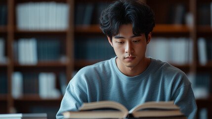 young man is deeply focused on reading book in library, surrounded by shelves filled with books. His concentration reflects passion for learning and knowledge.