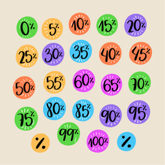 colorful handwritten discount stamps in Modern hand Lettering. vector.