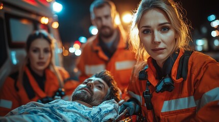 Obraz premium A group of emergency responders attends to a man on a stretcher, surrounded by ambulance lights in a busy urban environment during the night.