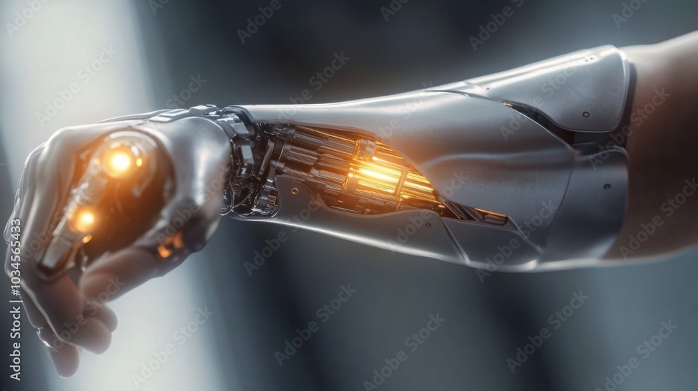 Aufkleber A sleek robotic arm featuring illuminated components is prominently displayed. This futuristic technology embodies advanced engineering and design, set against a modern, high-tech backdrop.