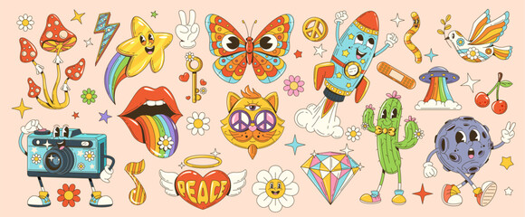 Fototapeta premium Cartoon retro hippie groovy characters. Funny daisy flower, psychedelic mushroom and rainbow butterfly vector personages. Cute cat with hippy peace symbol sunglasses, vintage camera, rocket and heart