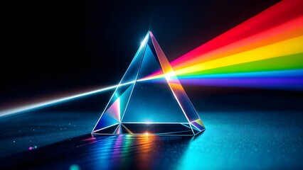 A prism with a ray of light passing through one side and the light breaking down into the colors of the rainbow.