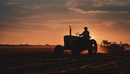 Fototapeta premium silhouette of farmer on tractor fixed with harrow plowing agriculture field soil during dusk