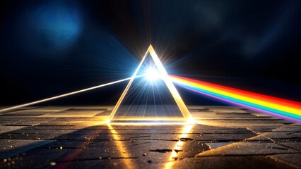 A prism with a ray of light passing through one side and the light breaking down into the colors of the rainbow.