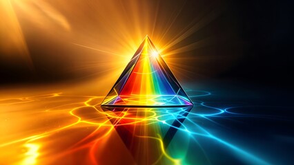 A prism with a ray of light passing through one side and the light breaking down into the colors of the rainbow.