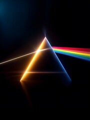 A prism with a ray of light passing through one side and the light breaking down into the colors of the rainbow.
