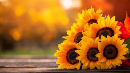 Sunflowers and autumn leaves on wooden surface, thanksgiving floral arrangement, copy space for seasonal invitations or holiday celebration design templates