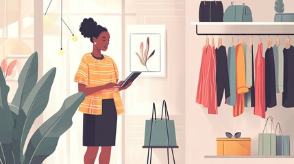 Woman checking a list on a tablet. Illustration of a woman in a retail store.